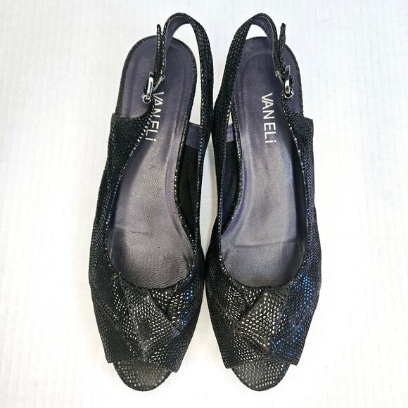 Vaneli Black Slingback Peep Toe Wedge Heel Adjustable Buckled Strap Size 8N - Picture 9 of 13